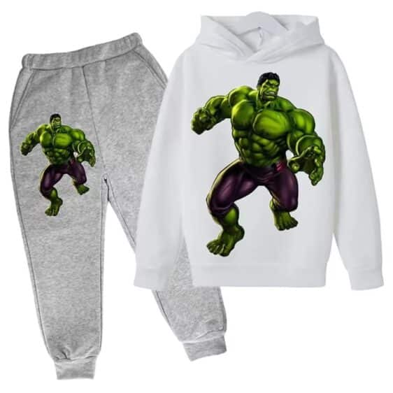 Marvel Hulk Smash Cartoon White Gray Hoodie Set for Boys