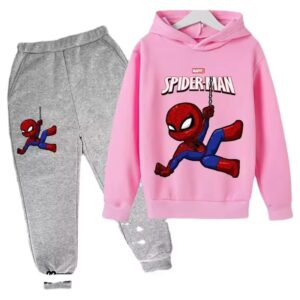 Marvel Spider-Man Cartoon Pink Gray Hoodie Set for Kids