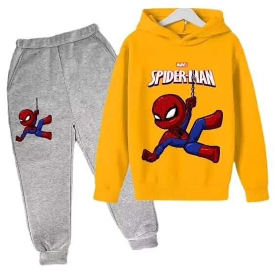 Marvel Spider-Man Cartoon Yellow Gray Hoodie Set for Kids