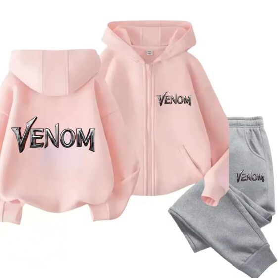 Minimalist Venom Name Logo Pink Gray Hoodie Set for Boys