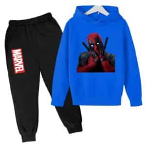 Playful Deadpool Reaction Blue Black Hoodie Set for Children