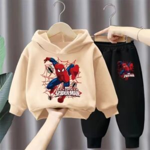 Spider-Man Web Battle Pose Khaki Black Hoodie Set for Kids