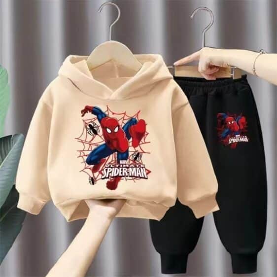 Spider-Man Web Battle Pose Khaki Black Hoodie Set for Kids