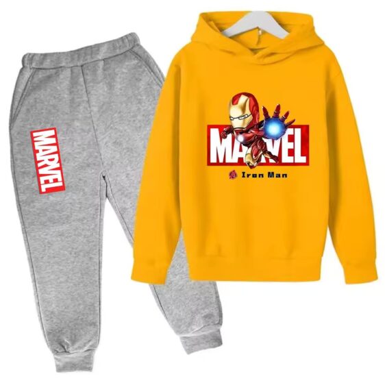 Superhero Iron Man Marvel Art Yellow Gray Kids Hoodie Set