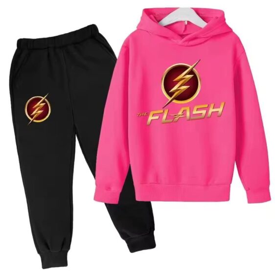 Superhero The Flash Logo Pink Black Hoodie Set for Children