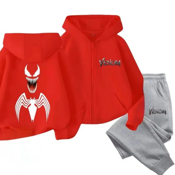 Symbiote Venom Head Logo Red Gray Children's Hoodie Set