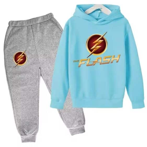 The Flash Hero Thunder Logo Sky Blue Gray Kids Hoodie Set