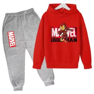 Tony Stark Iron Man Cartoon Art Red Gray Kids Hoodie Set