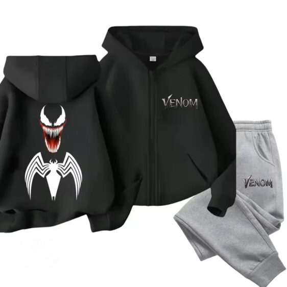 Venom Alien Spider Head Logo Black Gray Hoodie Set for Kids