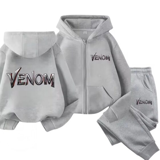 Venom Alien Spider Head Name Logo All-Gray Kids Hoodie Set