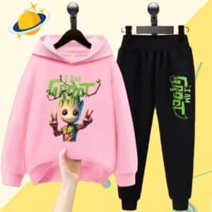 Adorable Baby Groot Peace Pink Black Children's Hoodie Set