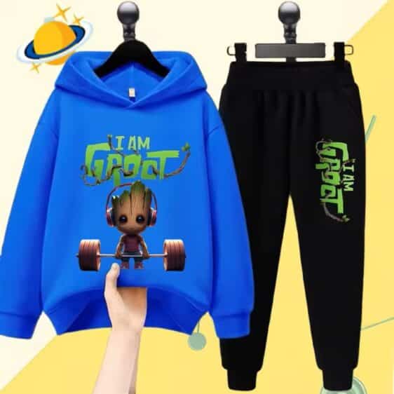 Cute Groot Headphones Barbel Blue Black Kids Hoodie Set