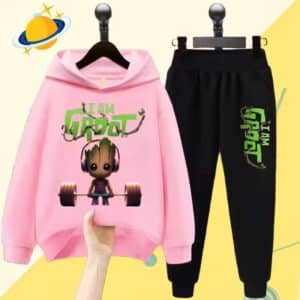 Cute Groot Headphones Barbel Pink Black Hoodie Set for Kids