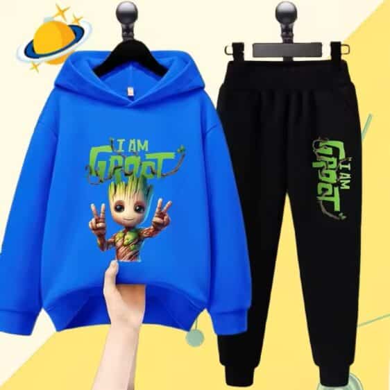 Hero Baby Groot Peace Pose Blue Black Hoodie Set for Boys