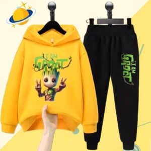 I Am Groot Cute Peace Sign Yellow Black Hoodie Set for Kids