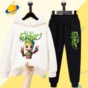 I Am Groot Peace Hand Marvel White Black Hoodie Set for Kids