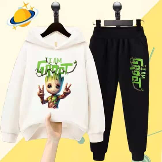 I Am Groot Peace Hand Marvel White Black Hoodie Set for Kids