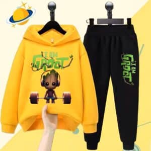 I Am Groot Weightlifting Yellow Black Hoodie Set for Boys