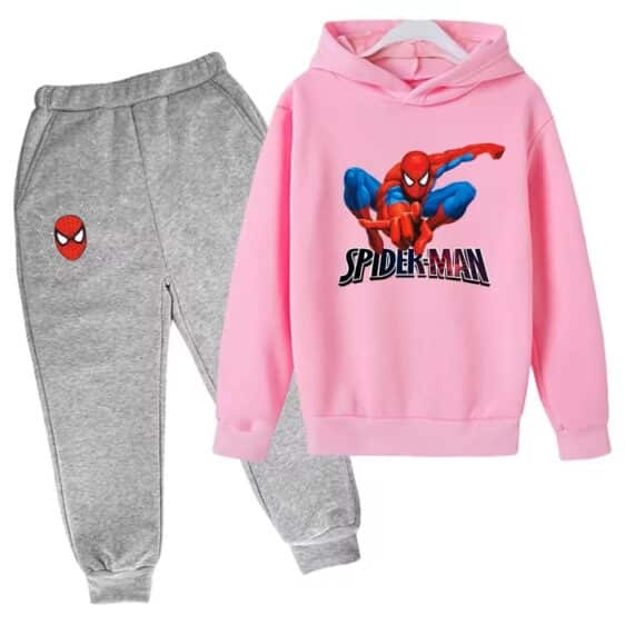 Spider-Man Web Head Logo Art Pink Gray Hoodie Set for Boys