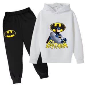 Superhero Batman Graphic Art White Black Kids Hoodie Set